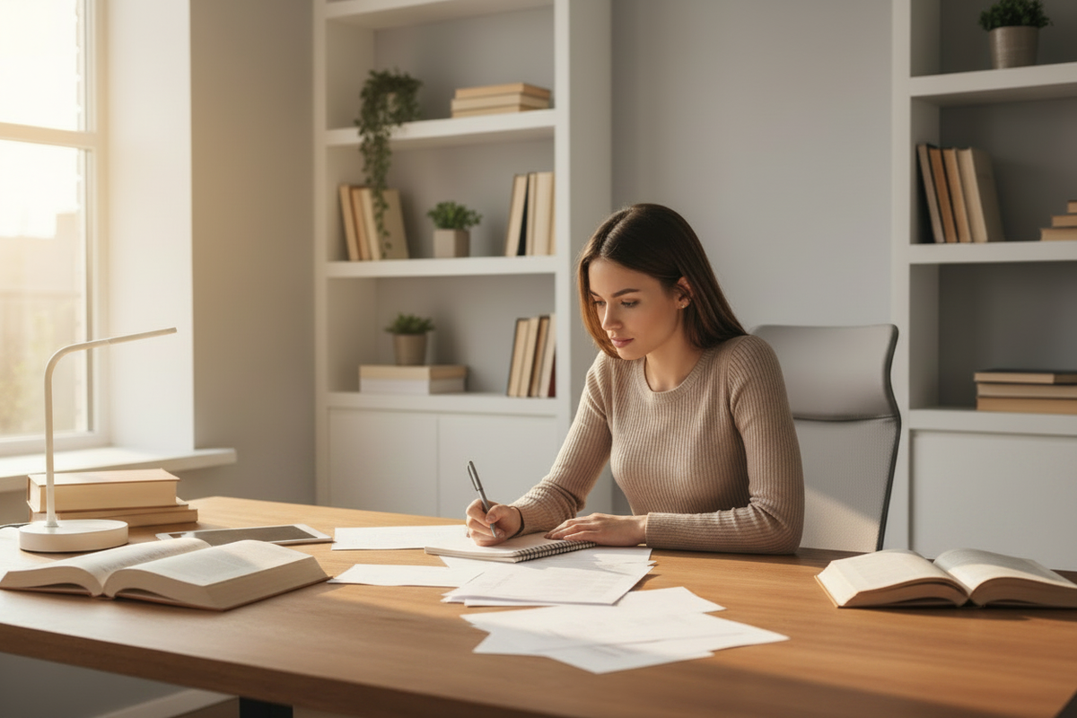 Woman Studying Clean Desk